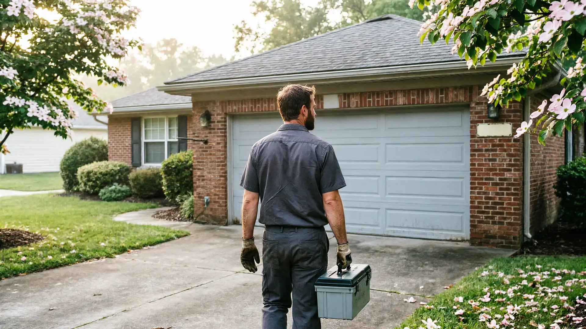 A technician walks toward a house with a closed garage door, carrying a toolbox.