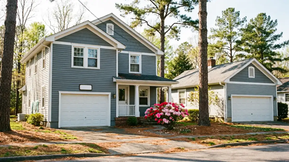 A two-story house and a detached garage with white garage doors.