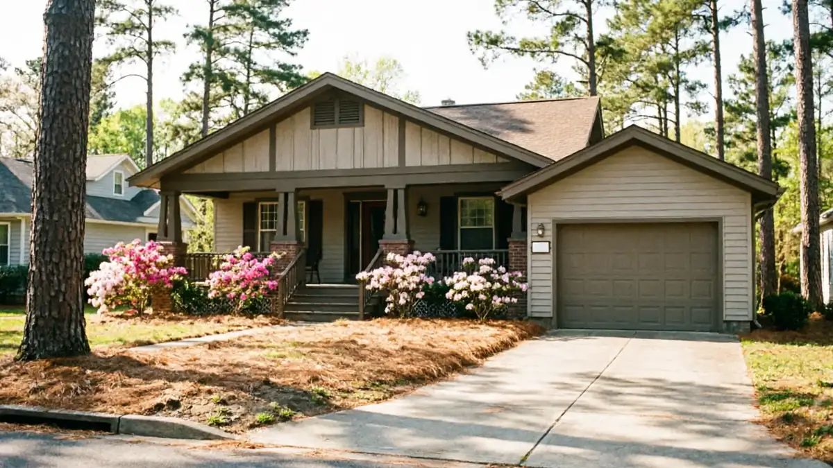 A light brown house with a single garage door and pink flowering bushes.