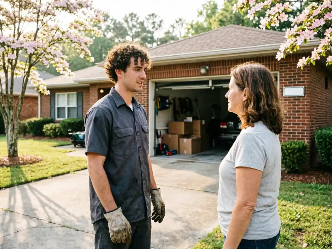 A technician in work gloves talks to a woman in front of a brick house.