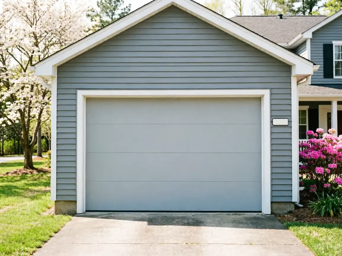 A light gray garage door on a gray house with pink flowers and a white tree.
