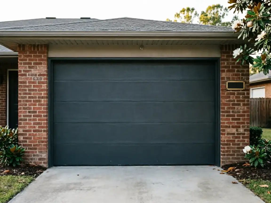 A dark gray garage door is centered on a brick house with a concrete driveway.