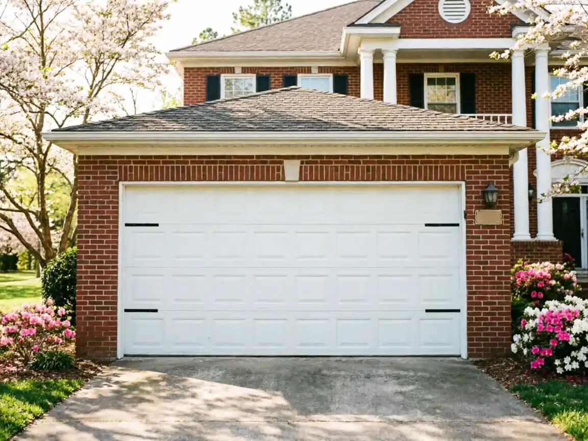 A white garage door is on a red brick house with flowering bushes.