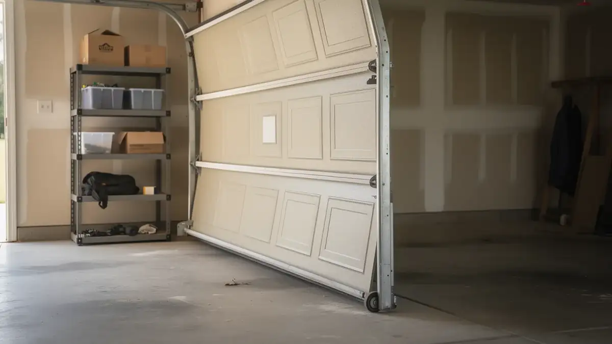 A garage door is off its tracks and leaning into the garage.