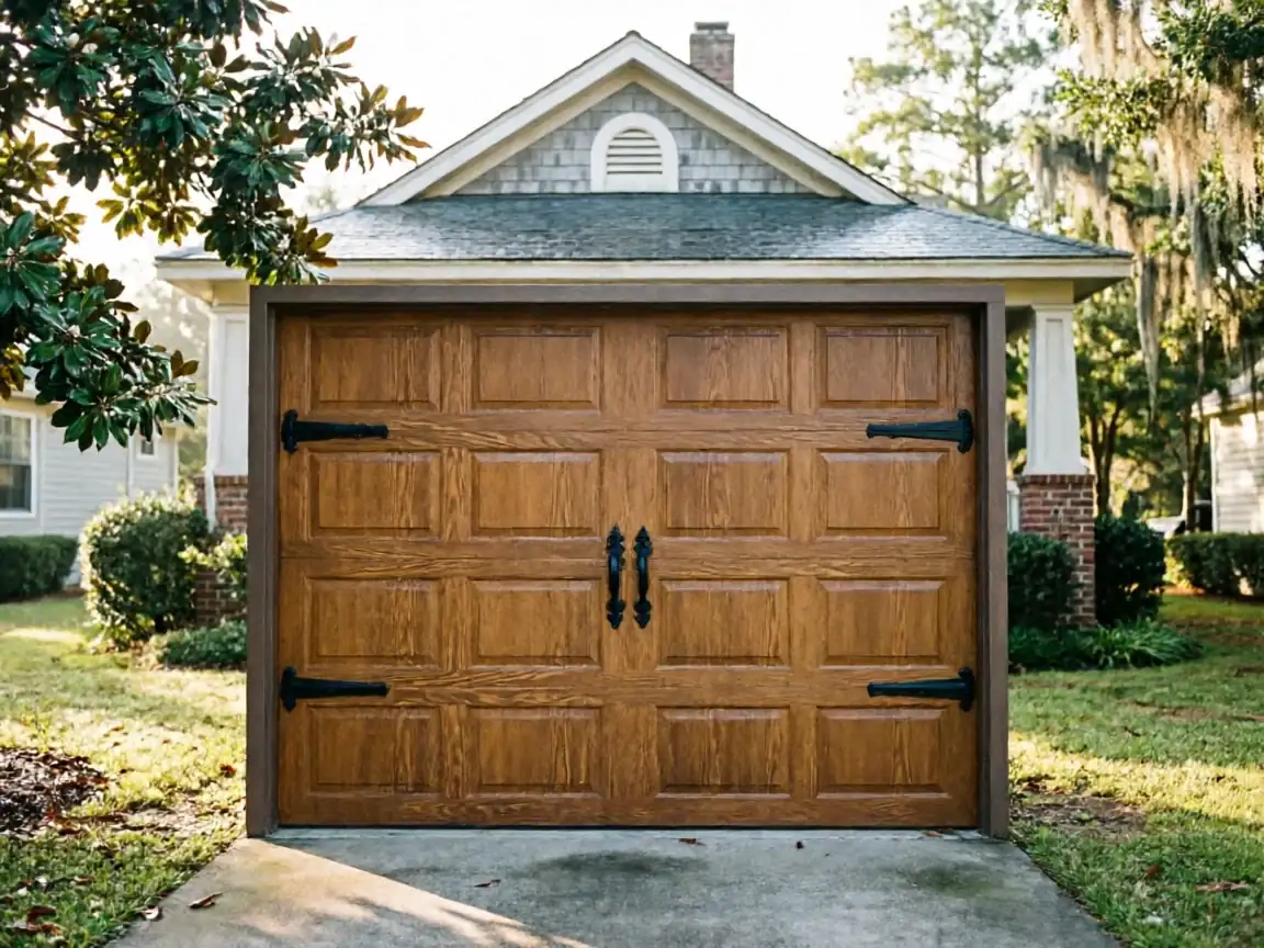 A brown wooden garage door with black decorative hardware is on a house.